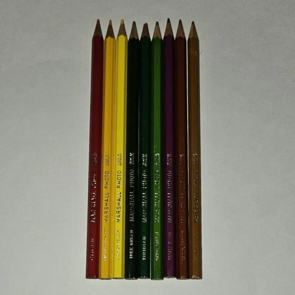 9 VTG Marshall's Photo Coloring Pencils Red Yellow Green Purple Brown (BOX WEAR)